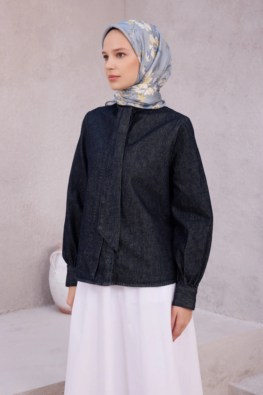 BELLİ Çiçek Desen İpek Twill Eşarp 4210d01 İndigo