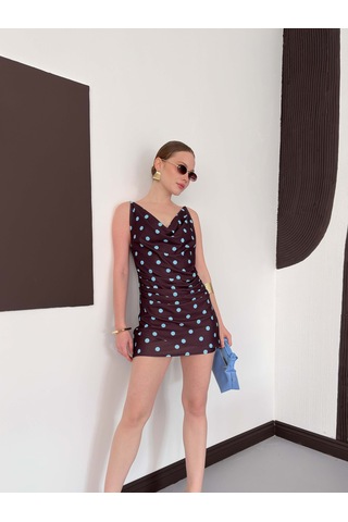 Verymoda Puantiye Baskılı Elbise D3024 Kahve Turkuaz
