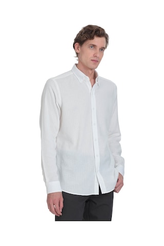 Hatemoğlu Beyaz Comfort Fit Çizgili Düğmeli Yaka 100% Pamuk Uzun Kollu Casual Gömlek