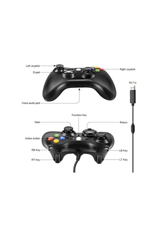 360 Usb Kablolu Oyuncu Kontroller Geliştirilmiş Ergonomik Tasarım Siyah