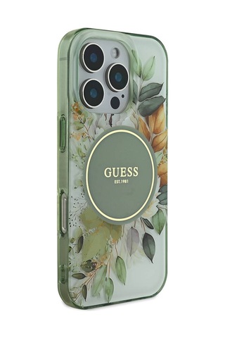 Apple iPhone 16 Pro Uyumlu Kılıf Guess Lisanslı Magsafe Şarj Özellikli Flower Tonal Circle Yeşil