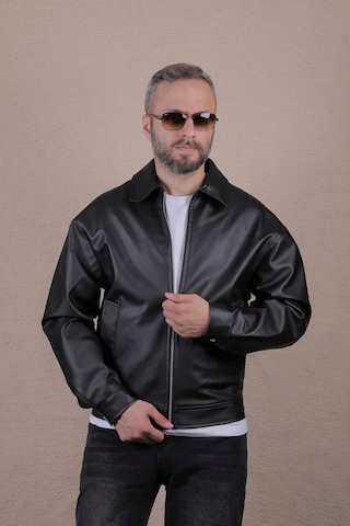 Ohepmoda Oversize Rahat Kalıp Düz Erkek Deri Ceket Siyah