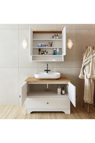 Oval Lavabolu Mat Beyaz Mdf 100 Cm Banyo Dolabı Atlantik Çam - Beyaz