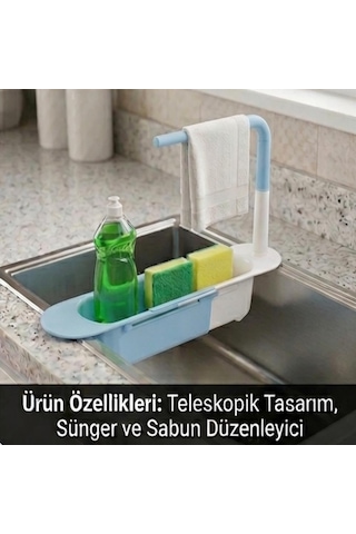Cx7evy02 Teleskopik Evye Düzenleyici Ayarlanabilir Lavabo Organizer Sepetli Raf Mavi Diğer
