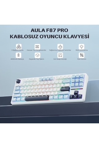Aula F87 Pro Mekanik Rgb Tkl Graywood V3 Switch Kablosuz Makrolu Hot Swap Klavye Açık Mavi