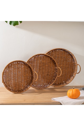 Porsima 710-c Yuvarlak 3'lü Hasır Tepsi Dekoratif Sunum Tepsisi