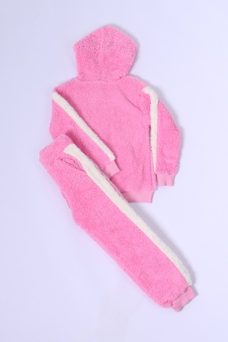 Kız Çocuk Peluş Eşofman Takımı Nakışlı Kapüşonlu D48 Pembe