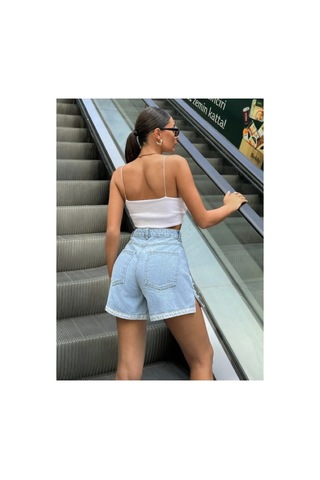 Kene Jeans Paça Yırtmaç Buz Kar İnci Detaylı Yüksek Bel City Boy Denim Şort Buz Kar