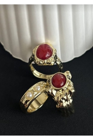 Lunarie Vintage Dövme Kırmızı Taşlı 3'lü Yüzük Seti Altın