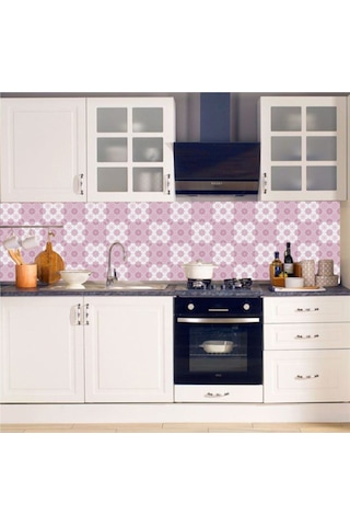 Mutfak Tezgah Arası Kendinden Yapışkanlı Folyo Kaplama Pembe Çiçekli Fayans Desen 60cmx100cm