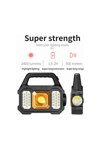 Xindoker Güneş Enerjili Çok Fonksiyonlu Fener: 500 Lumen Led, Su Geçirmez, Powerbank, Cob Yan Işık - Altın 2205a Altın