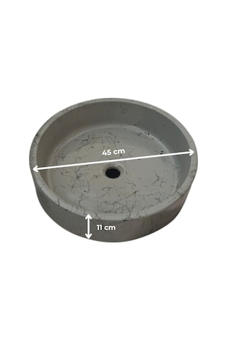 Mermer Desenli Tezgah Üstü Yuvarlak Çanak Taş Lavabo 45 Cm Gri