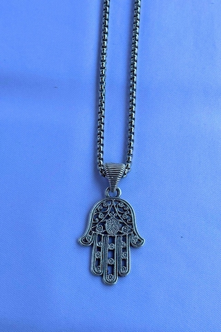 Fatma Ana Eli Desenli El İşçiliği Paslanmaz Çelik Zincir Erkek Kolye Gümüş