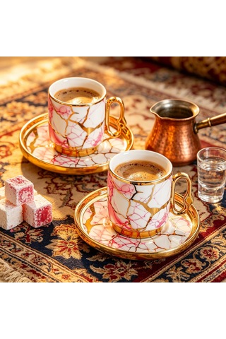 Valkyrie 12 Parça 6 Kişilik 80 Ml Türk Kahvesi Fincan Seti Pembe Mermer Desenli Gold Detay K653 Pembe