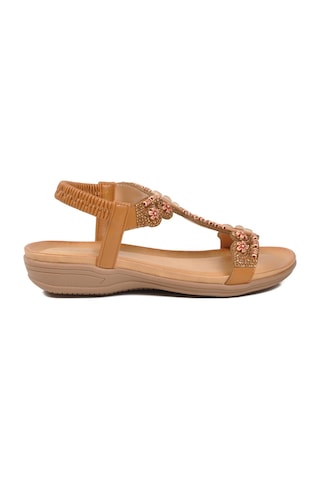 Ewoll Camel Desenli İşlemeli Yumuşak Tabanlı Kadın Sandalet 4053 Z