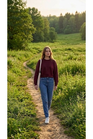 Luxıc Core Kadın Crop Bisiklet Yaka Sweatshirt Pamuklu Yumuşak Dokulu Günlük Spor Sweatshirt Bordo