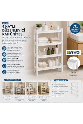 Orehome Rafty 4 Katlı Dar Alan Düzenleyici Raf Ünitesi - Banyo Ve Mutfak İnce Sepet Organizer 46,5x14,5x69 Cm Beyaz