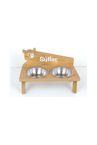 Realwood Ahşap Özel İsim Baskılı Çelik Kaseli Kedi Köpek Mama Su Kabı 450 ML