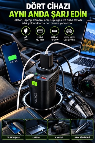 Kargo 150w Araç İçi Şarj Adaptörü 12v 220v Çakmaklık Girişli 30w Type-c 18w Usb Hızlı Şarj Najmaddin