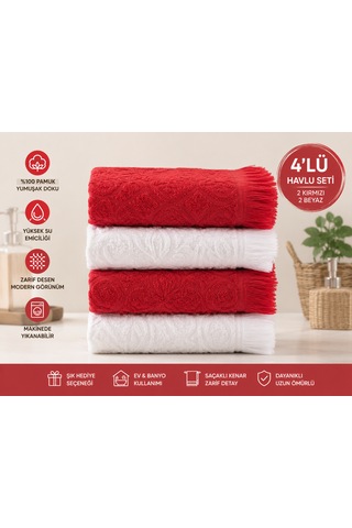 Pamuklu Mutfak Havlusu 4'lü Set 30x50 Cm El Ve Kurulama Havlusu Yumuşak Emici Çok Amaçlı Kırmızı