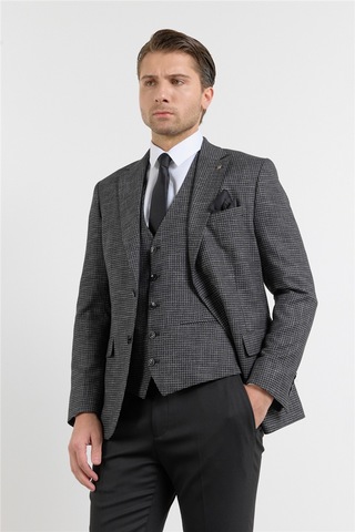 İmza Siyah-antrasit Mono Yaka 6 Drop Slim Fit Tam Astar Keten Karışımlı Takım Elbise 1001260150 Siyah - Antrasit