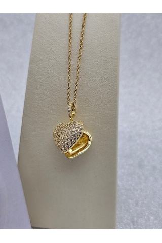 Açılır Kapaklı Kalpli Zirkon Taşlı Gold Renk Çelik Kolye Altın