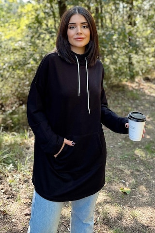 WeShaya Kadın Siyah Uzun Kol, Yakası Bağcıklı, Kapüşonlu, Kanguru Cep, Salaş, Uzun Tunik Sweatshirt Siyah