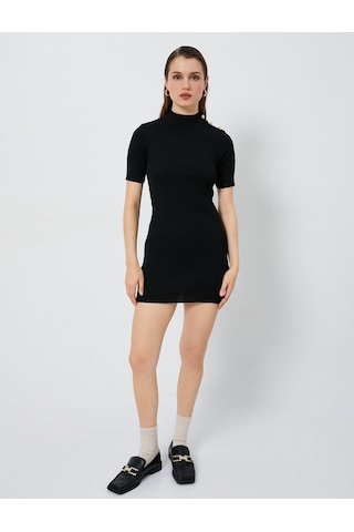 Koton Mini Triko Elbise Fitilli Kısa Kollu Dik Yaka Siyah 4wak80013ht 4WAK80013HT999