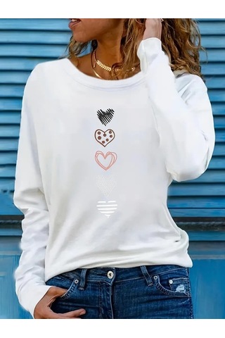 Kadın Uzun Kollu Bisiklet Yaka Desenli Viskon Bluz Beyaz