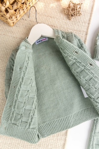 Triko Hırkalı 3'lü Ayarlanabilir Askılı Örgü Erkek Bebek Salopet Tulum Takım Set Yeşil