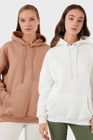 Lela Regular Fit Pamuklu Kapüşonlu Yaka Şardonlu Kışlık 2'Li Paket Bayan Sweat 5863854S2 Ekru-Bisküvi