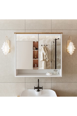 Banos Banyo Kulpsuz 2 Kapaklı Mat Beyaz Mdf 82Cm Aynalı Üst Dlp Atlantik Çam - Beyaz