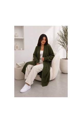 Hira Life Fashion Kadın Şal Yaka Uzun Triko Ve Sakallı Tüylü Hırka Haki Haki