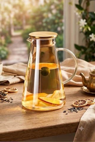 Lüks Borosilikat Cam Su Ve Detoks Sürahisi Gold Isıya Dayanıklı Bitki Çayı Demleme Sürahisi 1.9 L