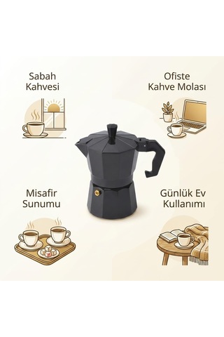 Deconox Siyah Moka Pot 3 Fincanlık Moka Kahve Cezvesi, 180 Ml Alü