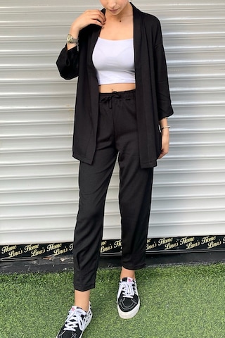 Trend Alisse Paçası Pensli Bürümcük Kimono Kadın Alt Üst Takım Siyah