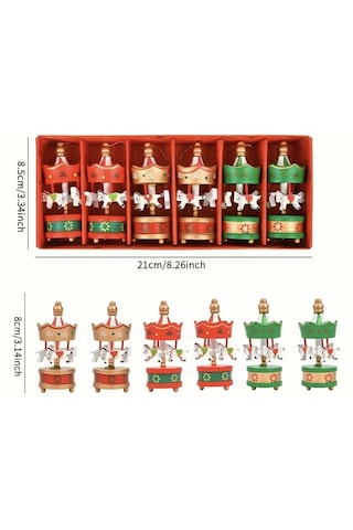6'lı Mini Ahşap Atlıkarınca Yılbaşı Süsü - Nostaljik Carousel Dekor Seti 001