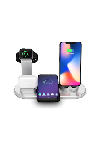 Honmex Gümüş 4'lü Kablosuz Şarj Üstü - Telefon, İwatch Ve Airpods İçin Eşzamanlı Şarj 10w Hızlı Şarj, Qı Desteği