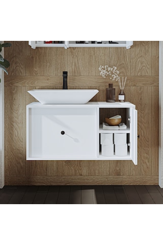 Gusto Ayaksız Lavabolu Mdf 90 Cm Çekmeceli Banyo Dolabı Beyaz Mat Beyaz