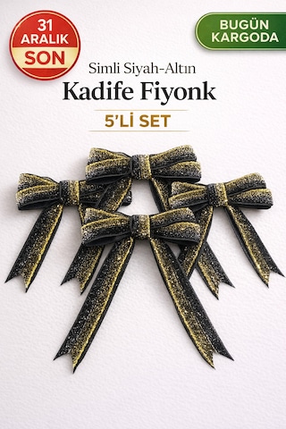 Yılbaşı Simli Siyah-altın Kadife Fiyonk Çam Ağacı & Hediye Süsü 5 Li Set