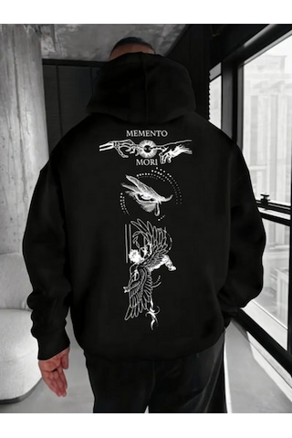 Nevermind Unisex Oversize Memento Mori Baskılı Siyah Hoodie Tarz Streetwe Siyah
