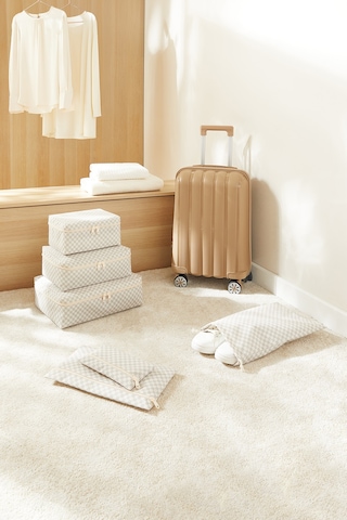 Ocean Home Textile 6'lı Yıkanabilir Gri Dama Desen Pamuklu Bavul İçi Düzenleyici Set Gri
