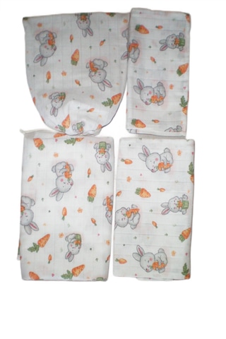 More Home Bebek Müslin Bez Battaniye Set 6 Parça Havuç Yiyen Tavşan Gri Kırmızı Beyaz - Gri