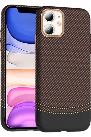 Apple Uyumlu iPhone 11 Kılıf M-safe Şarj Özellikli Karbon Fiber Görünümlü Zore Gros Kapak Gold-Siyah
