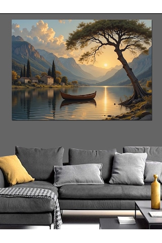 Göl Kıyısında Günbatımı Dekoratif Kanvas - Mdf Ahşap Tablo