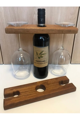 Ahşap Şişelik Ve Kadehlik Masaüstü Mini Bar Standı Doğal Ceviz Renkli