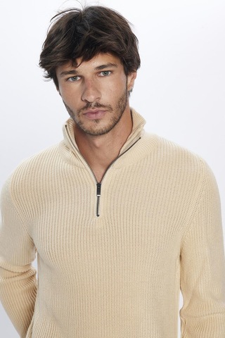 Tudors Erkek Slim Fit Dar Kesim Dik Yaka Fermuarlı Bej Triko Kazak-26254-bej Bej