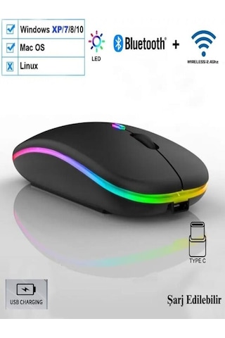 Kablosuz Fare Bluetooth Mouse Typec Şarjlı Sessiz Mac Windows Telefon Tablet Uyumlu 1600 Dpı 600ma Çok Renkli