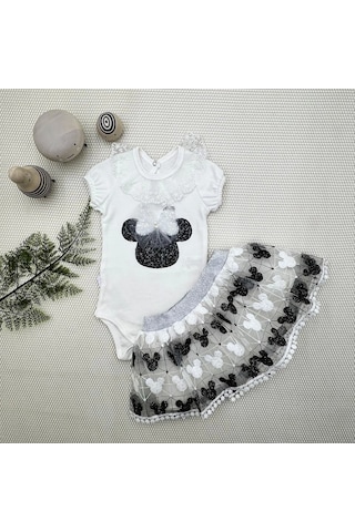 Cojans 1-2-3 Yaş Payetli Mickey Nakışlı Kısa Kollu Brode Etekli 2li Kız Bebek Takımı Siyah Çok Renkli