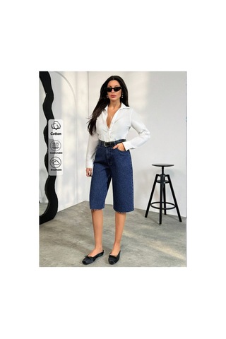 Kene Jeans Paça Kesik Lacivert Uzun Kot Şort Lacivert